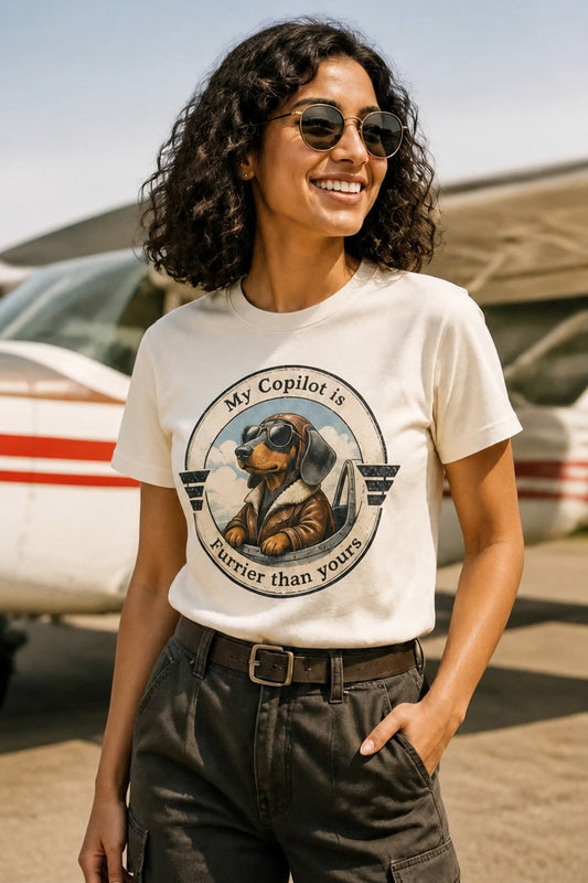 T-shirt "My Copilot is Furrier than yours" – For dog and aviation lovers Daschund Edition