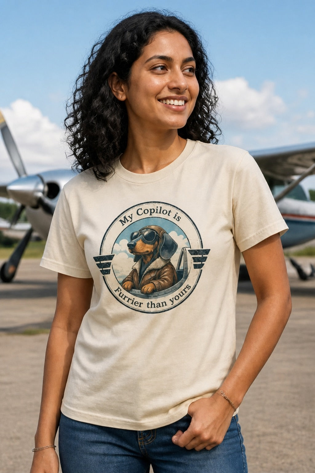 T-shirt "My Copilot is Furrier than yours" – For dog and aviation lovers Daschund Edition