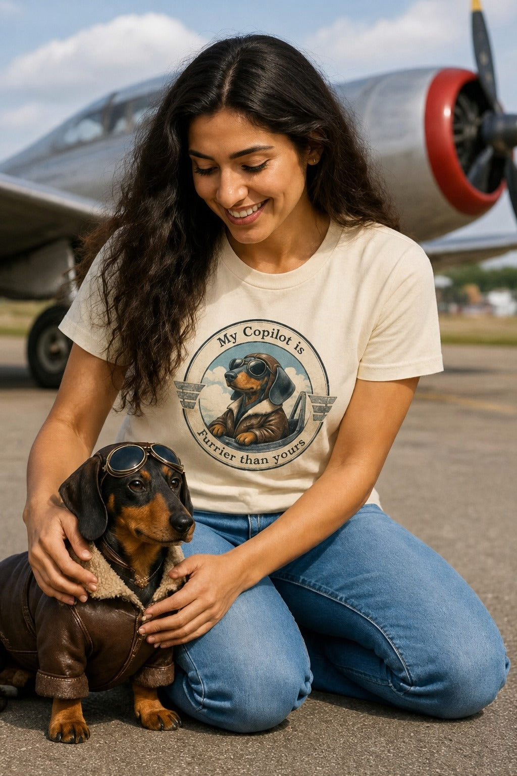 T-shirt "My Copilot is Furrier than yours" – For dog and aviation lovers Daschund Edition