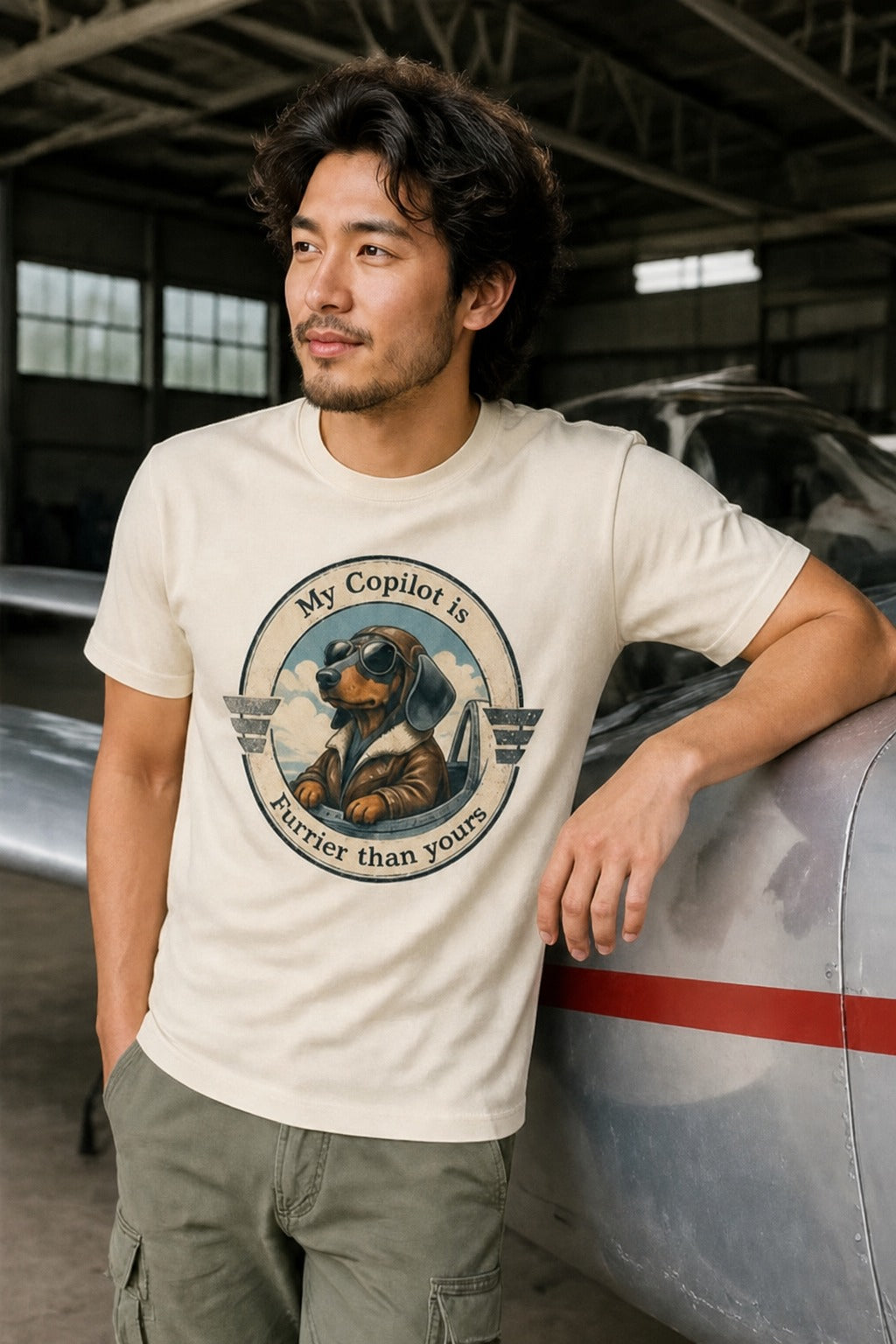 T-shirt "My Copilot is Furrier than yours" – For dog and aviation lovers Daschund Edition