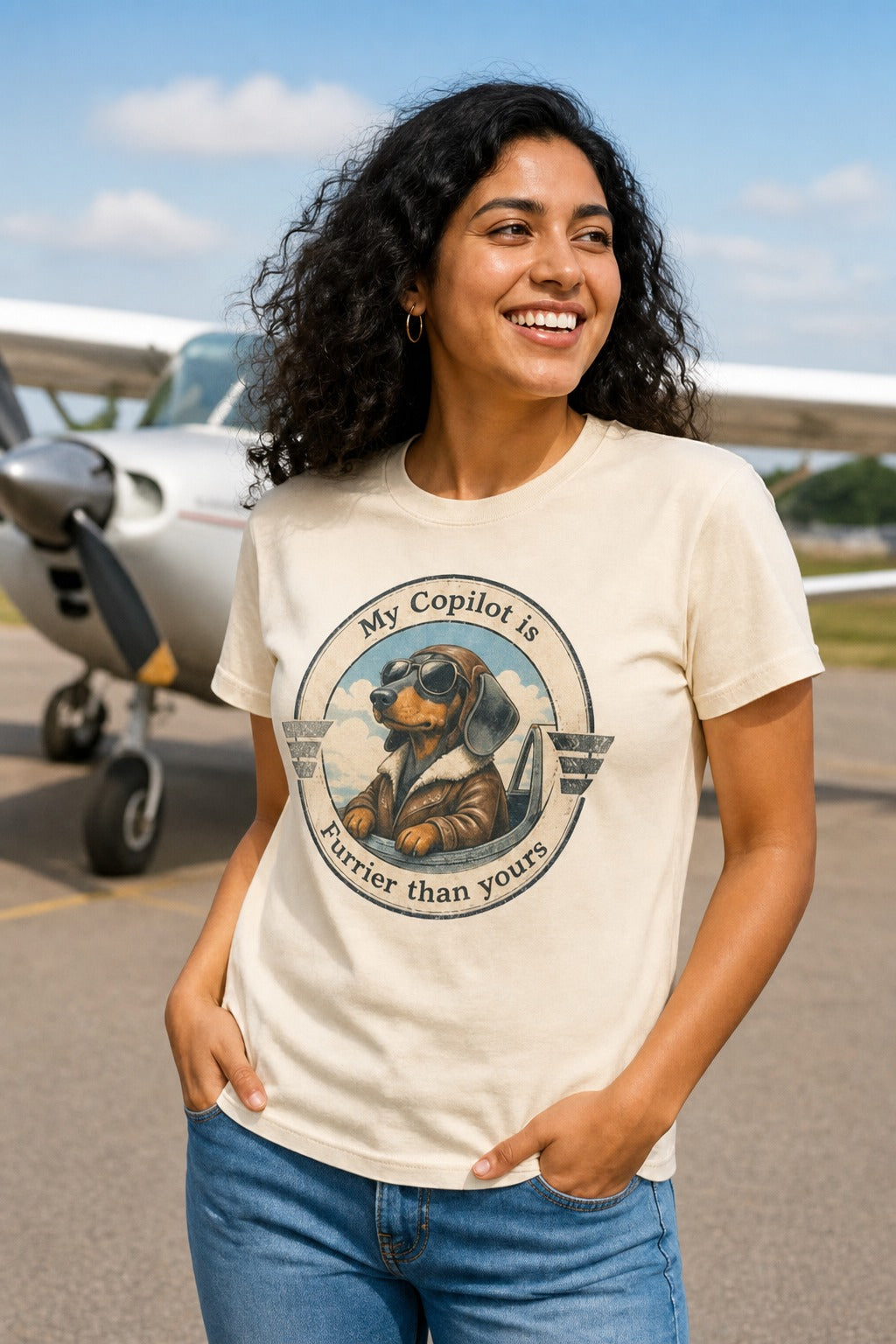 T-shirt "My Copilot is Furrier than yours" – For dog and aviation lovers Daschund Edition