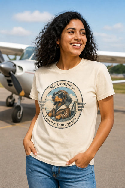 T-shirt "My Copilot is Furrier than yours" – For dog and aviation lovers Daschund Edition